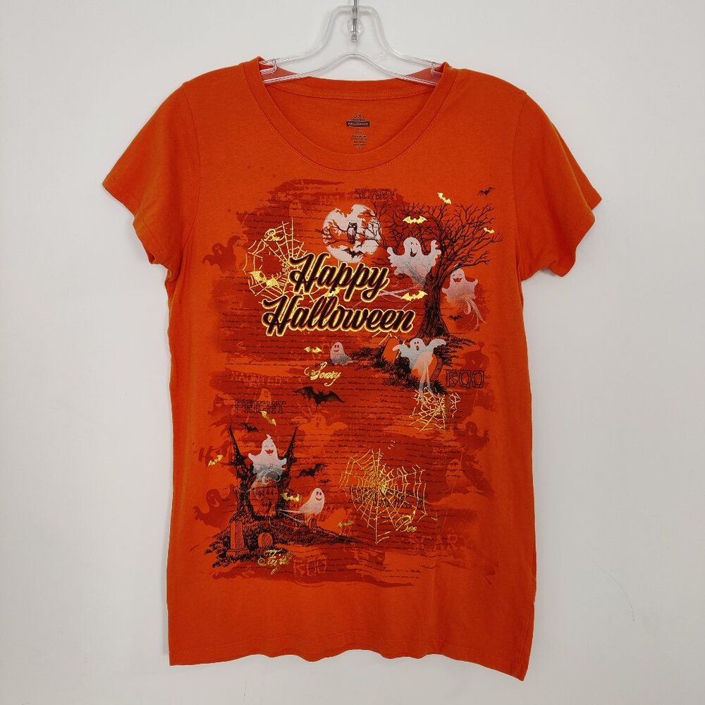 Way To Celebrate Halloween Women's Tshirt Medium Cotton Orange Print Black Gold